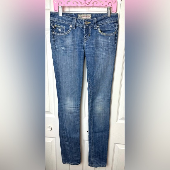 MEK Denim Acapulco Straight Jeans Medium Distressed Wash Slim Skinny Low Rise - Picture 2 of 12